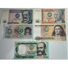 PERU 1976-1987 . TEN 10 - FIVE HUNDRED 500 INTIS and ONE HUNDRED 100 - ONE THOUSAND 1,000 CIEN BANKNOTES . SET OF 5